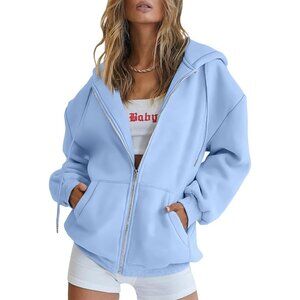 Women's Casual Blue Zip Up Pocket Fleece Sweatshirts Hoodies Jacket Oversized